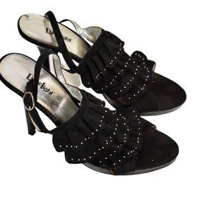 Limelight Black Suede Ruffle Studded Open Toe 4in Stilettos 10